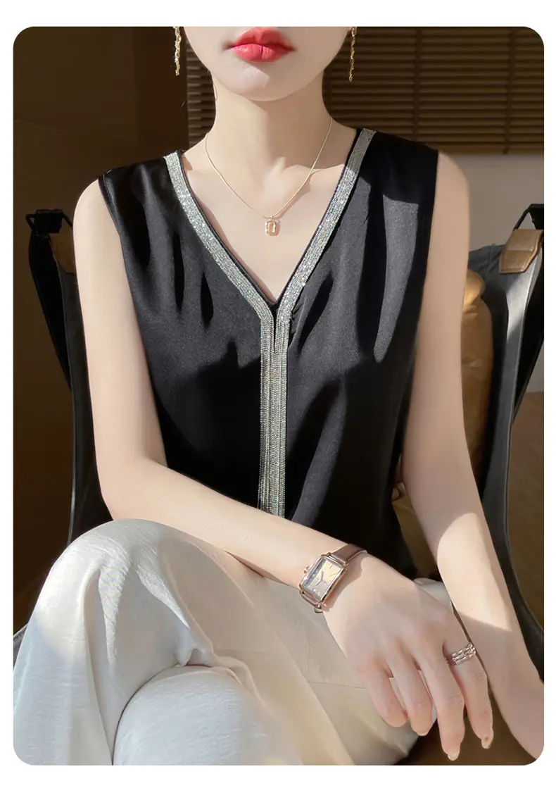 Black V-Neck Tassel Satin Camisole Top — feature 7