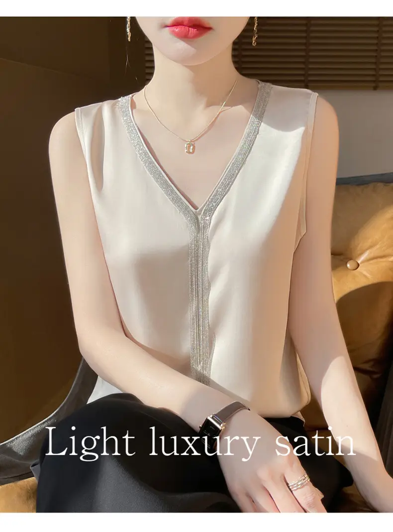 Black V-Neck Tassel Satin Camisole Top — feature 8