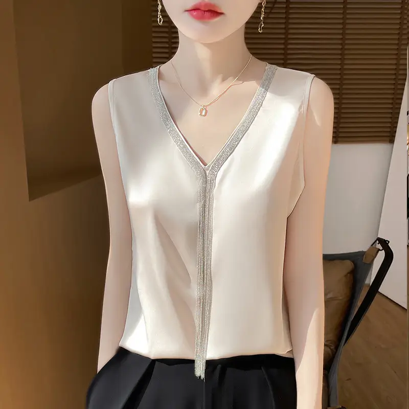Black V-Neck Tassel Satin Camisole Top