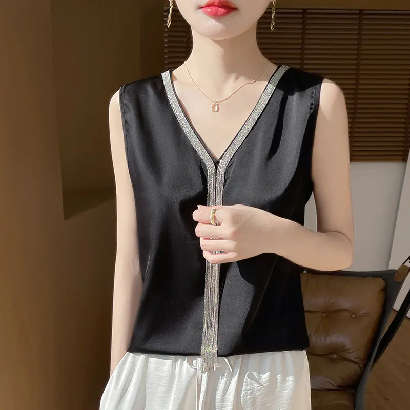 Black V-Neck Tassel Satin Camisole Top