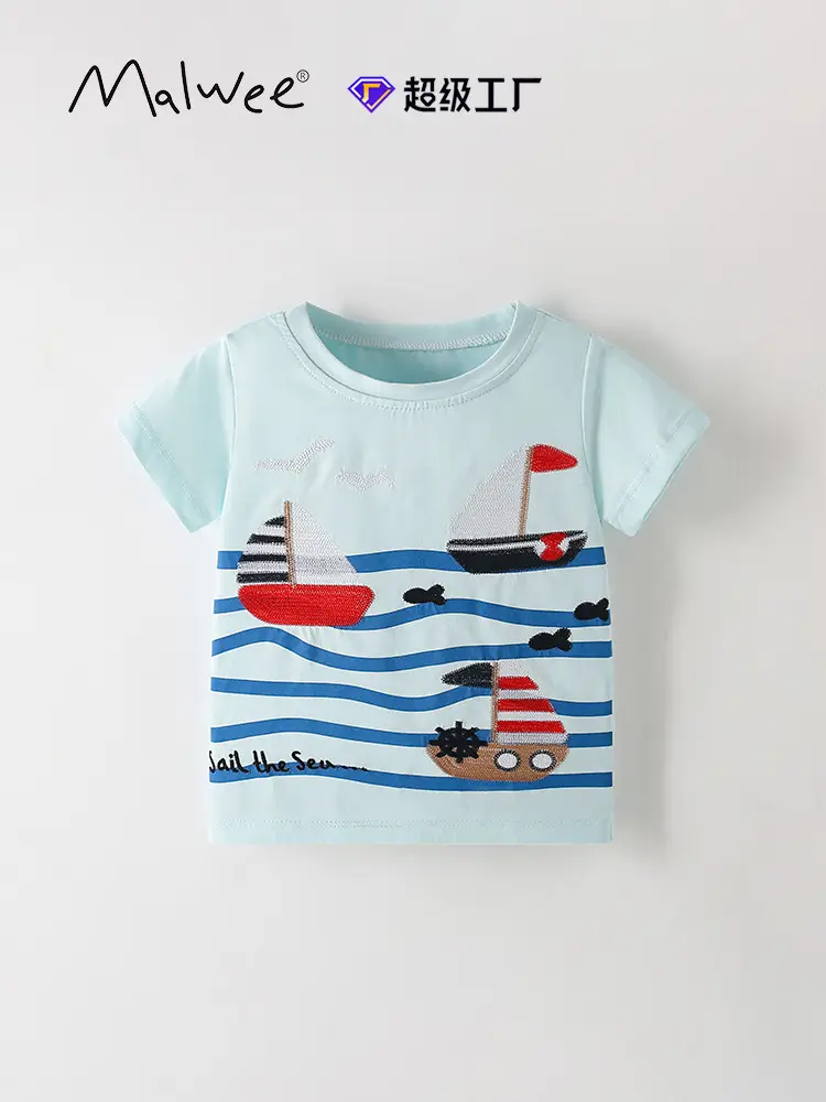 Kids Cotton T-Shirt Boat Print Summer Casual