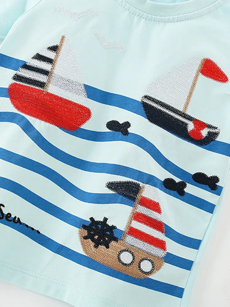 Kids Cotton T-Shirt Boat Print Summer Casual
