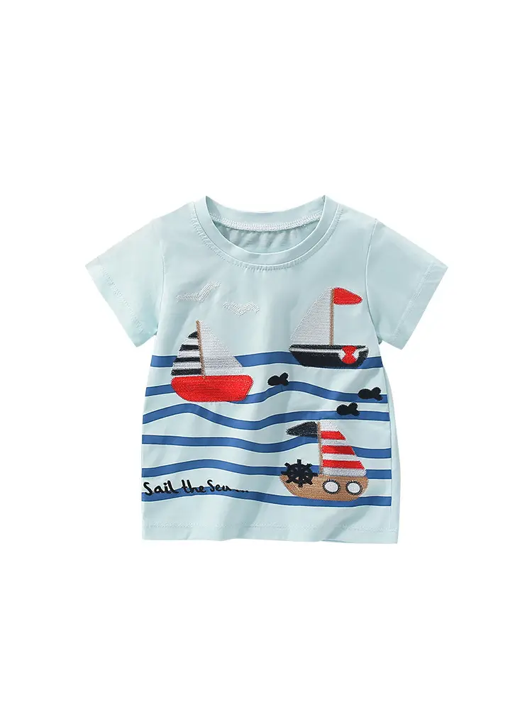 Kids Cotton T-Shirt Boat Print Summer Casual