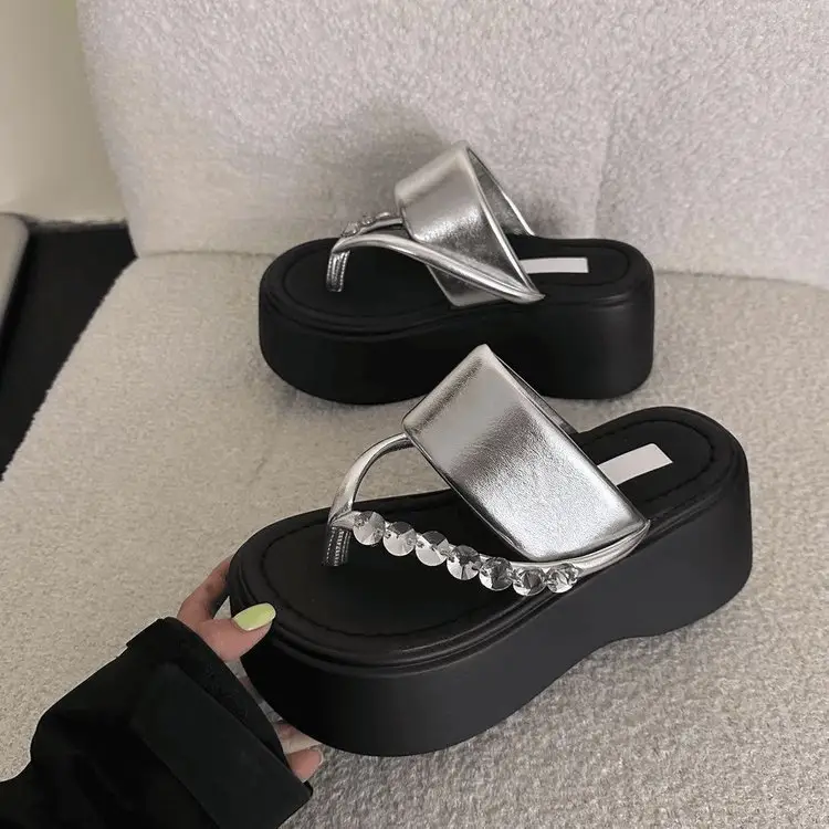 All-match Height-increasing Sandals 7cm Small Height Rhinestone Herringstyle 2025 Summer Outer Wear New Style Platform Slippers - Image 2
