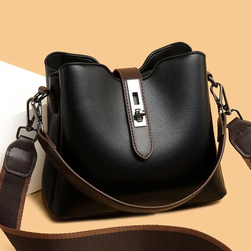 Women's Black Leather Bucket Bag with Strap