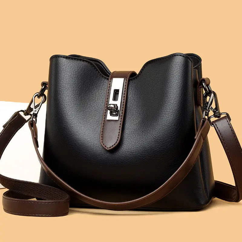 Women's Black Leather Bucket Bag with Strap