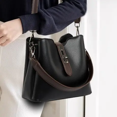 Women's Black Leather Bucket Bag with Strap