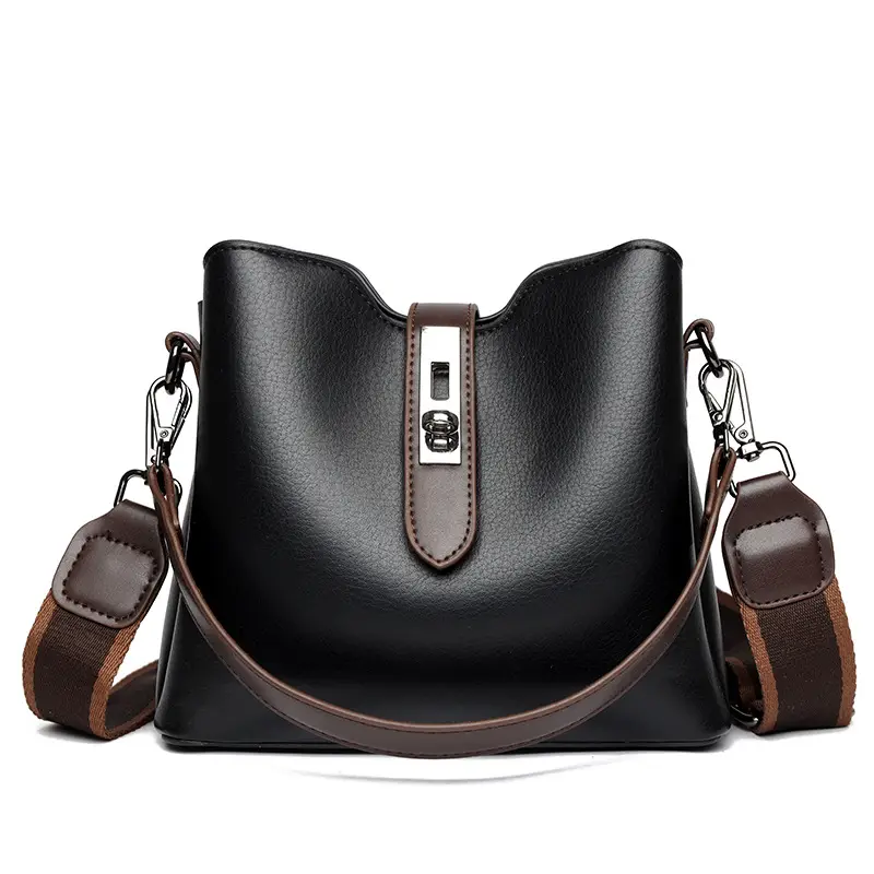 Women's Black Leather Bucket Bag with Strap