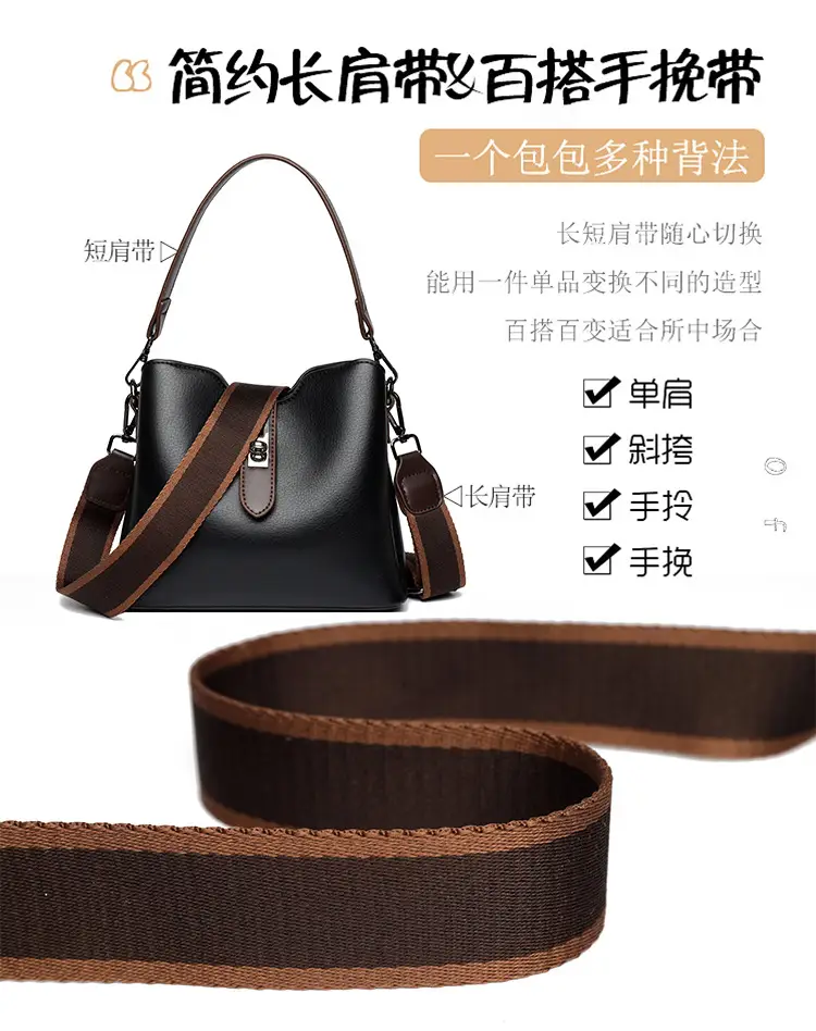 Women's Black Leather Bucket Bag with Strap — feature 13