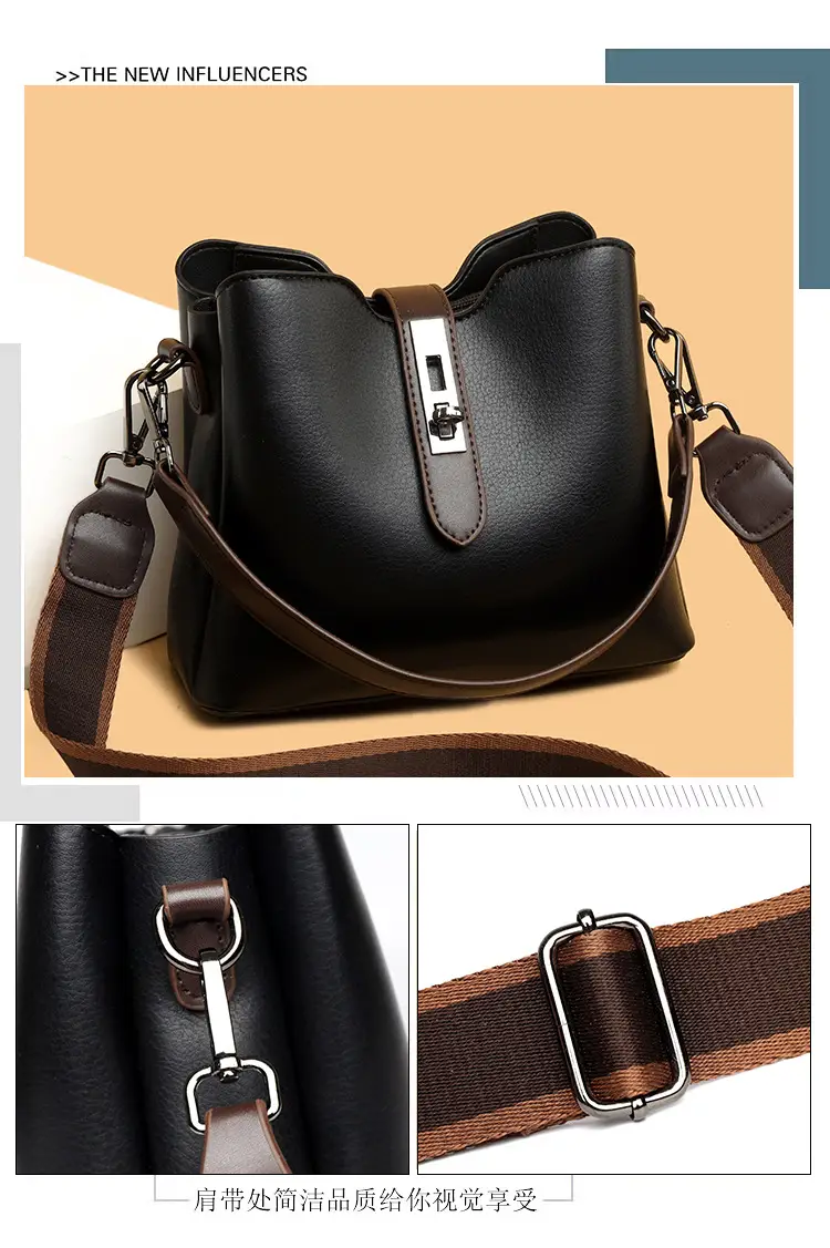 Women's Black Leather Bucket Bag with Strap — feature 7