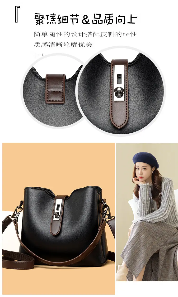 Women's Black Leather Bucket Bag with Strap — feature 9