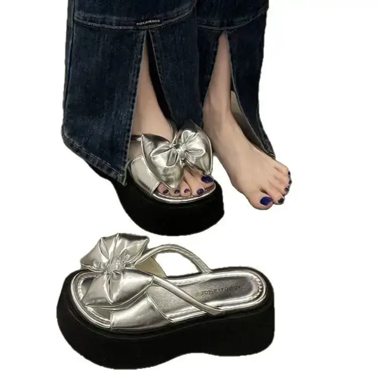Bow Thick Bottom Increased 7CM Slippers Women's 2025 New Summer Outer Wear Fashion Fairy Style Slides - Image 2