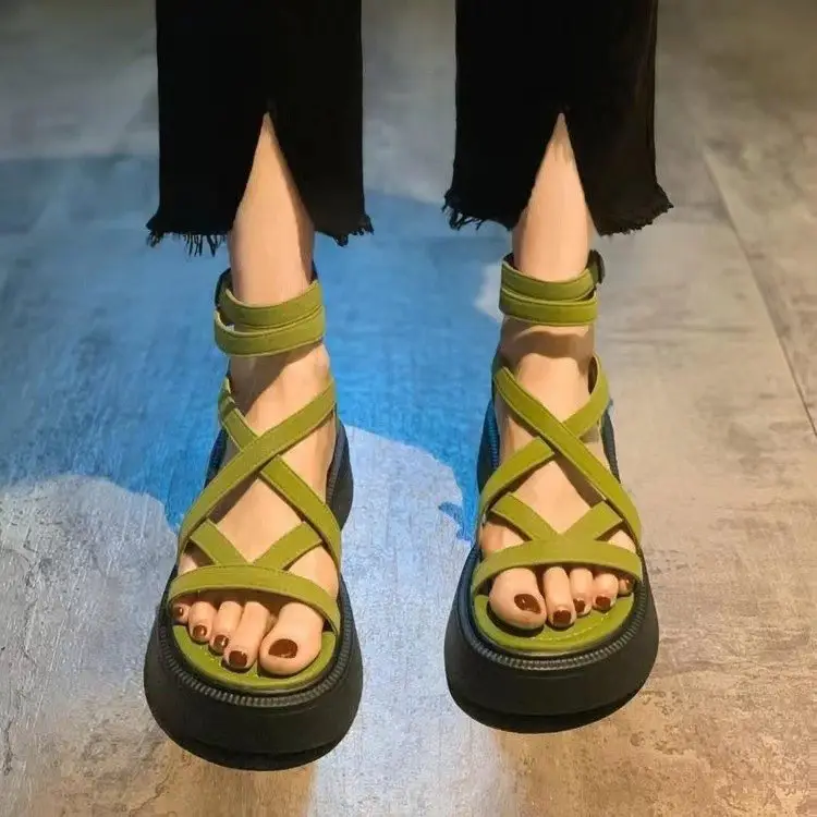 Fashionable Thick Soled Platform Sandals Women's 2025 Summer New Easiest for Match Hollow Cross Thin Strap Back Zipper Roman Boots — feature 4