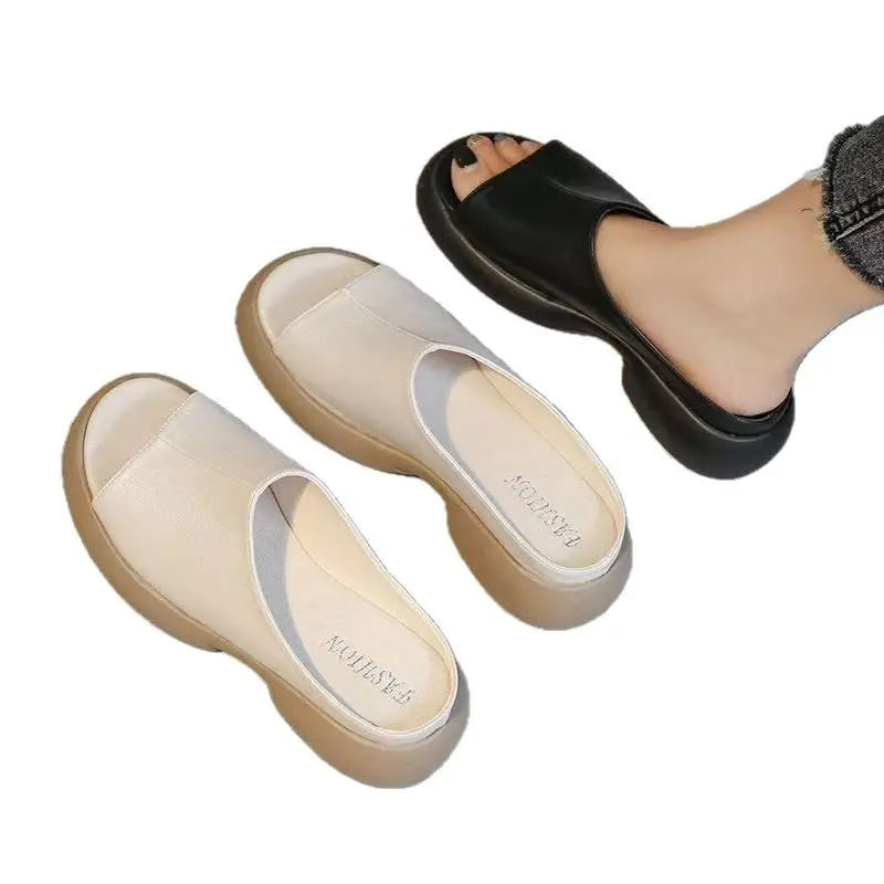 Women's Black Round Toe Thick Slippers Summer Flat - Image 7