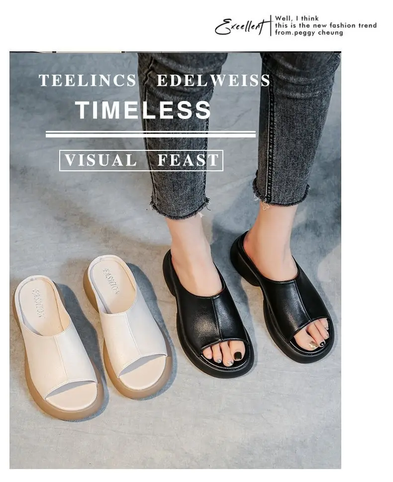 Women's Black Round Toe Thick Slippers Summer Flat — feature 1