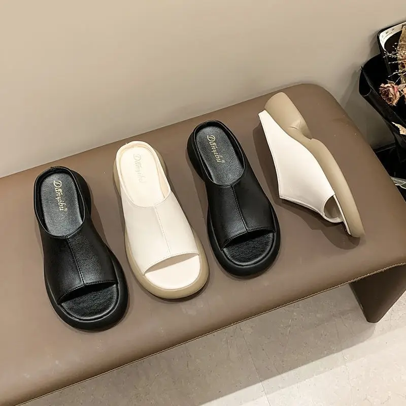 Women's Black Round Toe Thick Slippers Summer Flat — feature 11