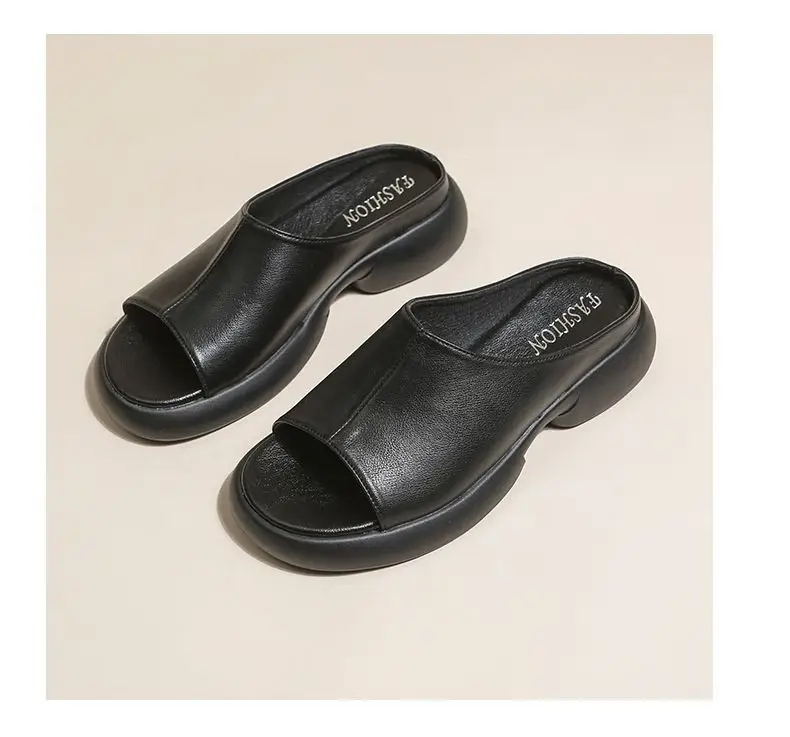 Women's Black Round Toe Thick Slippers Summer Flat — feature 12