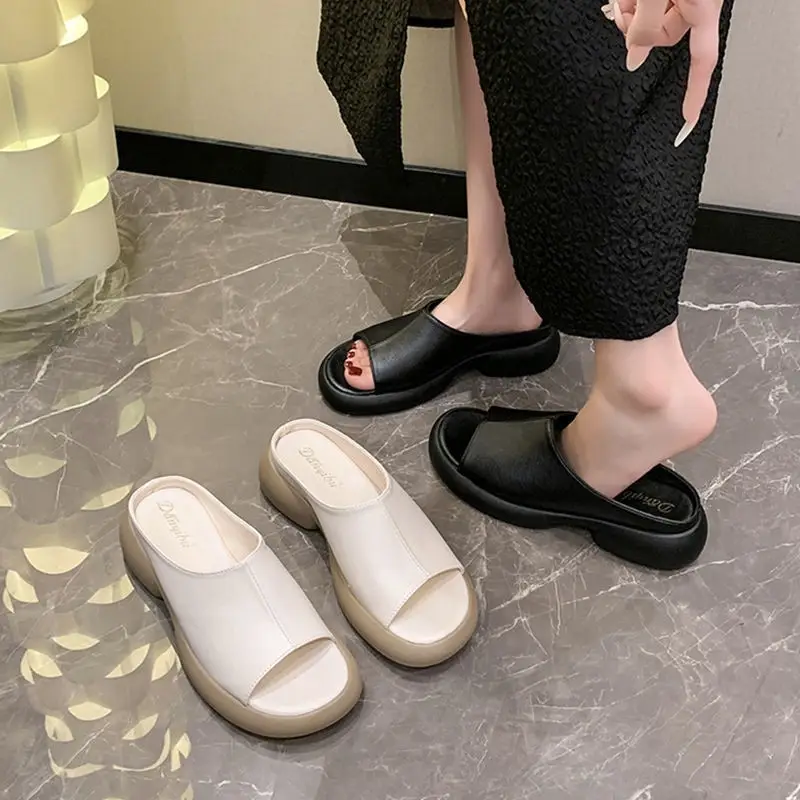 Women's Black Round Toe Thick Slippers Summer Flat — feature 5
