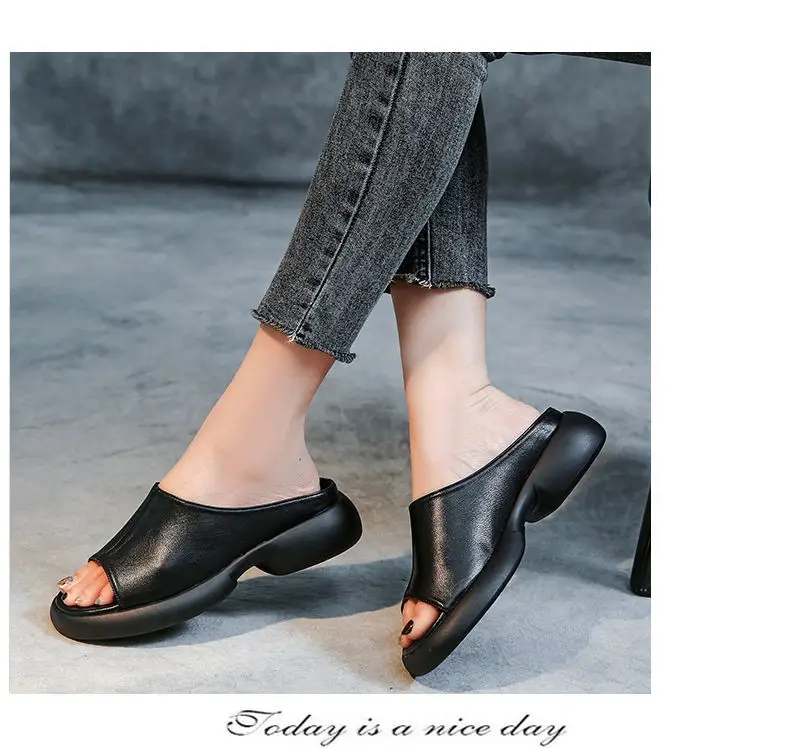 Women's Black Round Toe Thick Slippers Summer Flat — feature 6