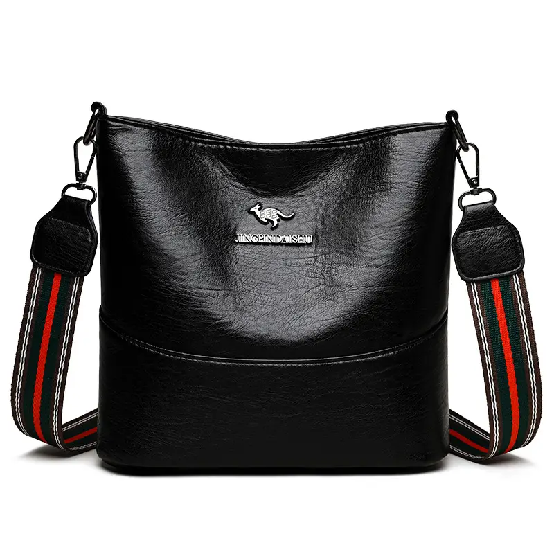 Black Leather Crossbody Bag with Logo Print