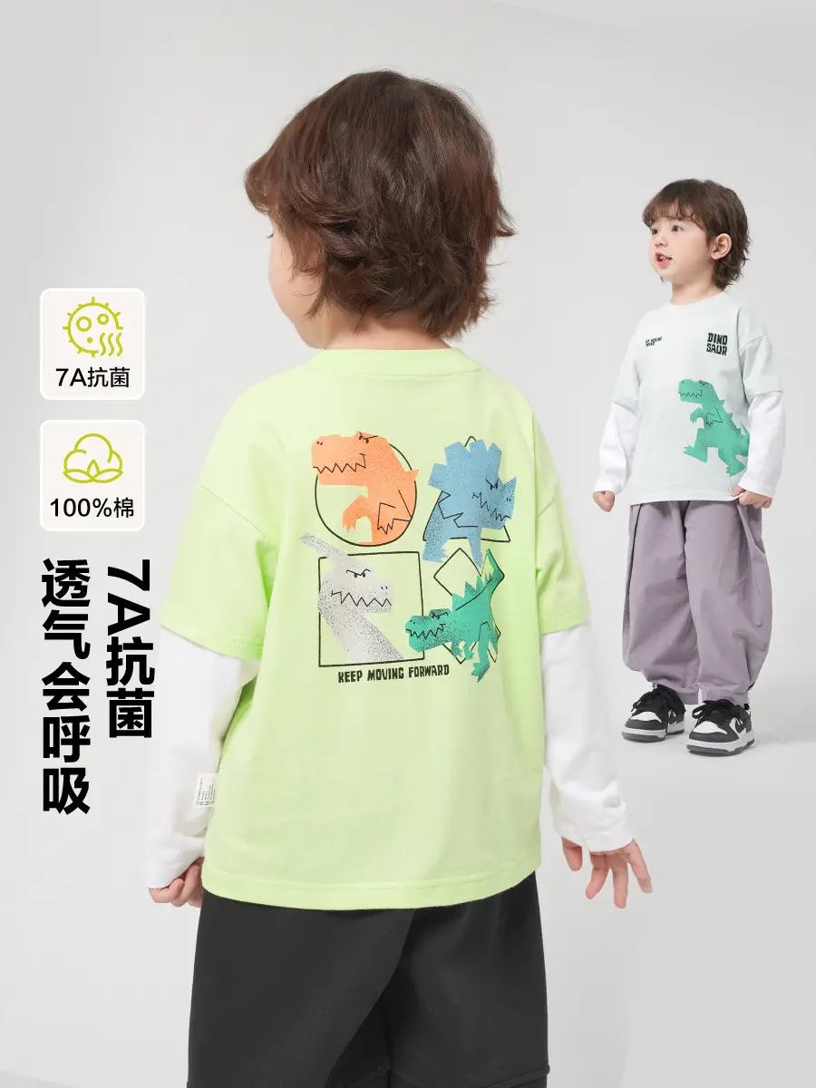 Boys Pure Cotton Long Sleeve T-Shirt Green Dinosaur Print