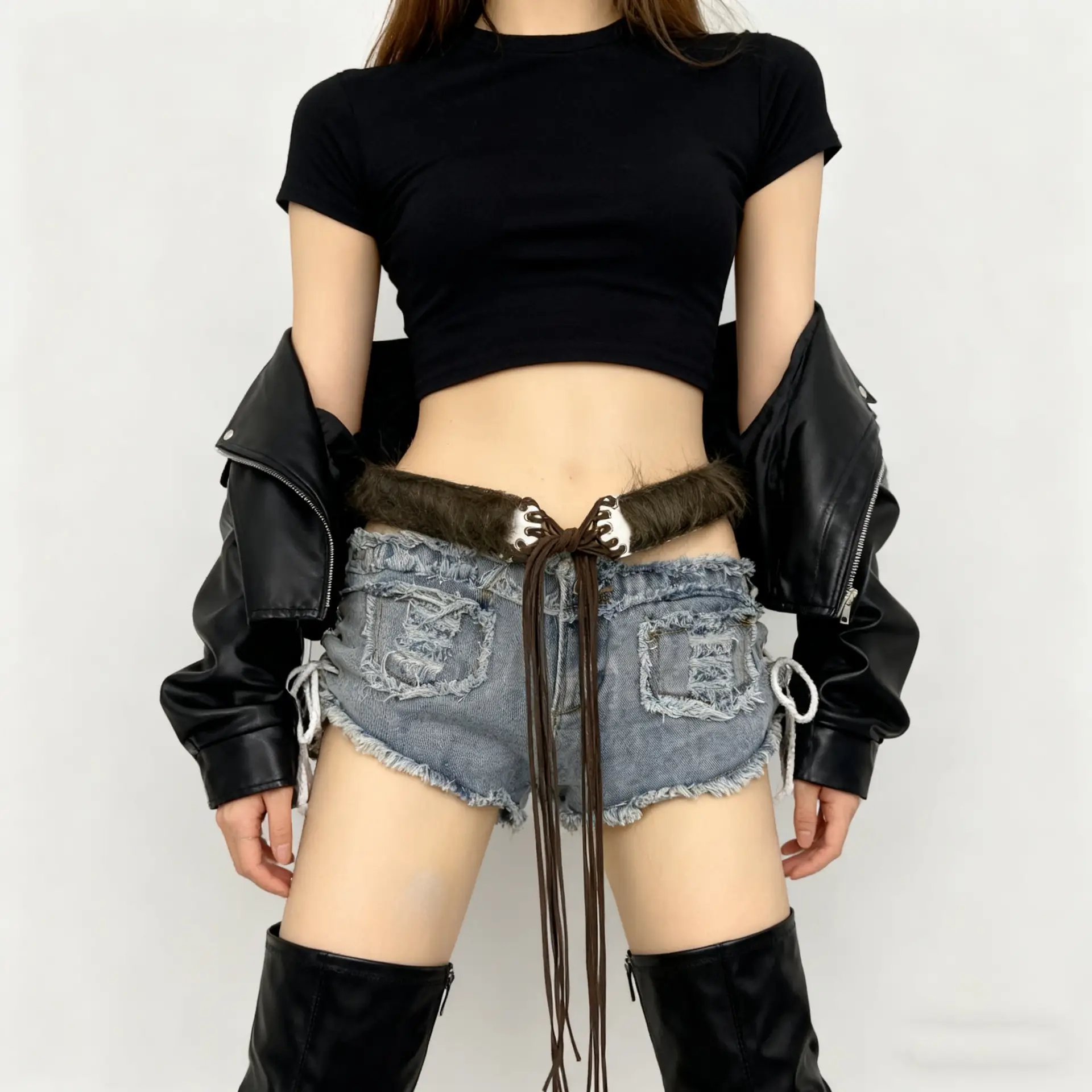 Fluffy Black Plush Belt for Women Shorts