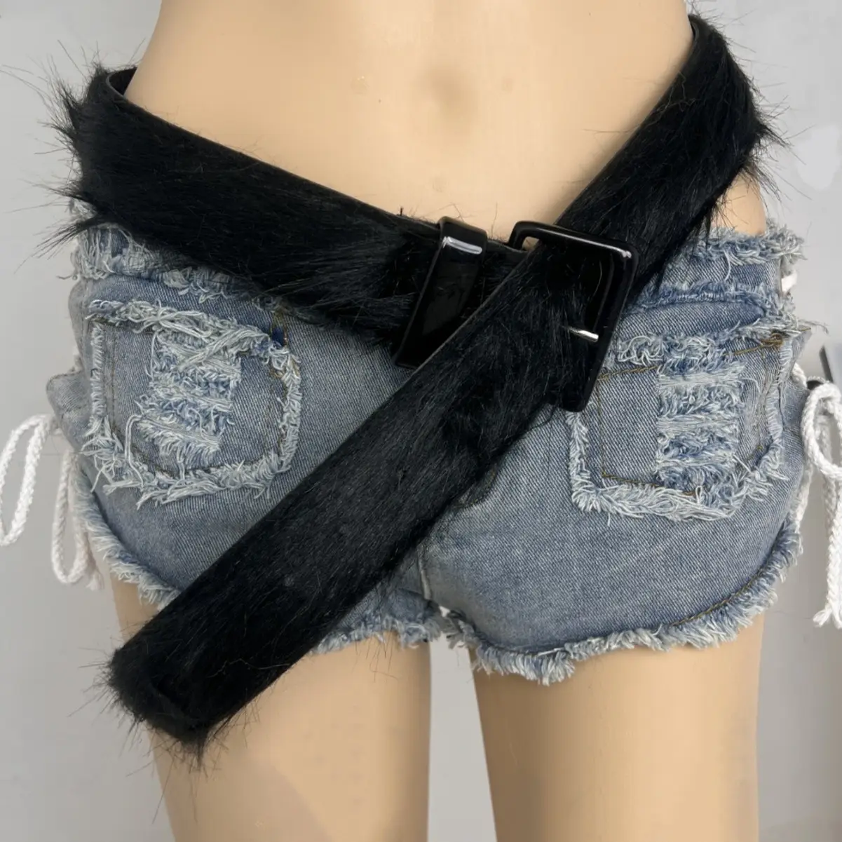 Fluffy Black Plush Belt for Women Shorts