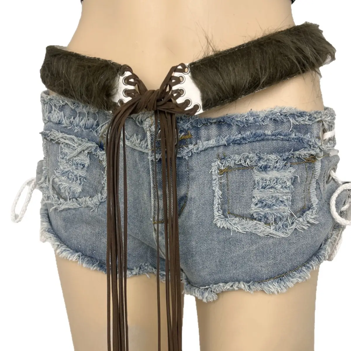 Fluffy Black Plush Belt for Women Shorts