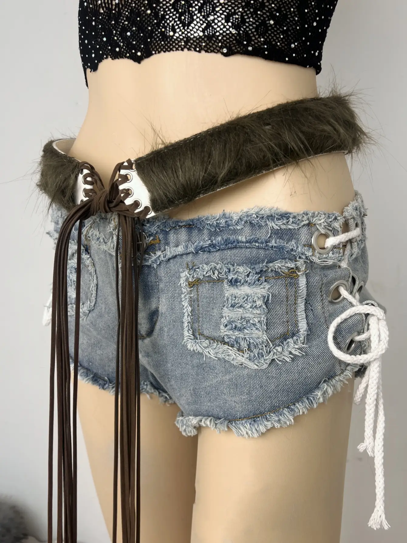 Fluffy Black Plush Belt for Women Shorts — feature 1