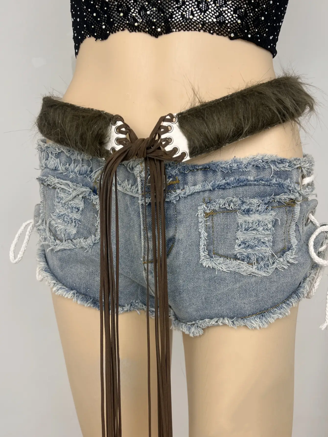 Fluffy Black Plush Belt for Women Shorts — feature 3