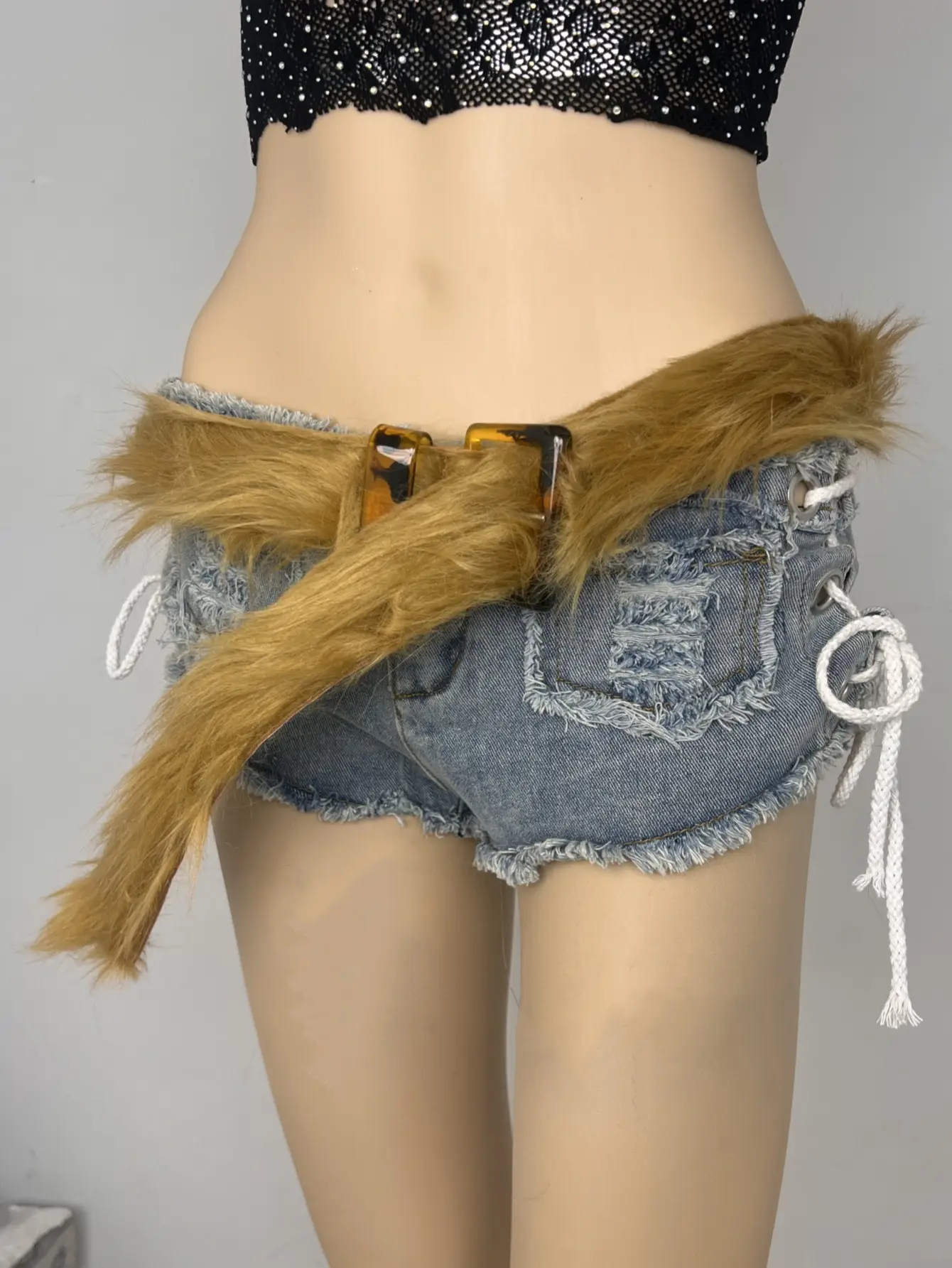 Fluffy Black Plush Belt for Women Shorts — feature 6