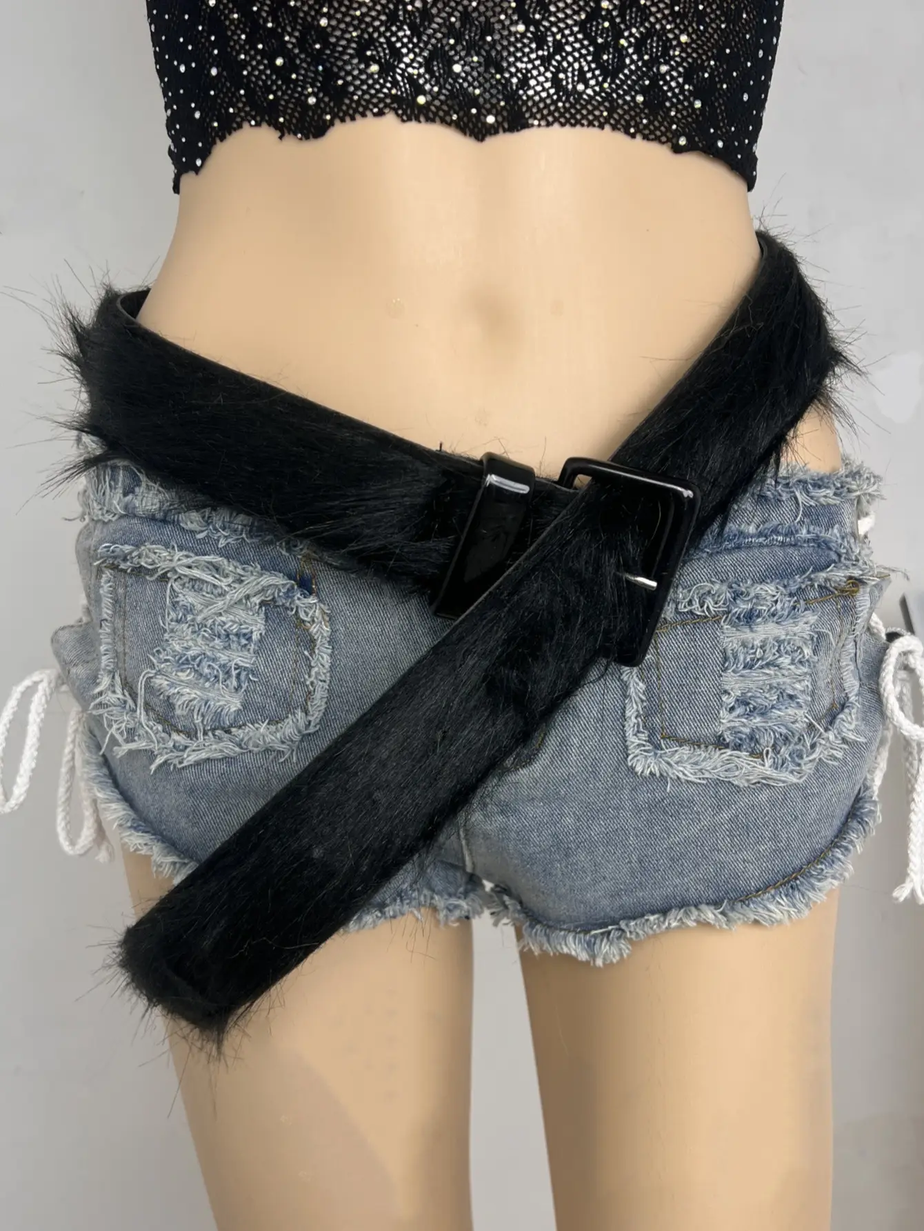 Fluffy Black Plush Belt for Women Shorts — feature 7