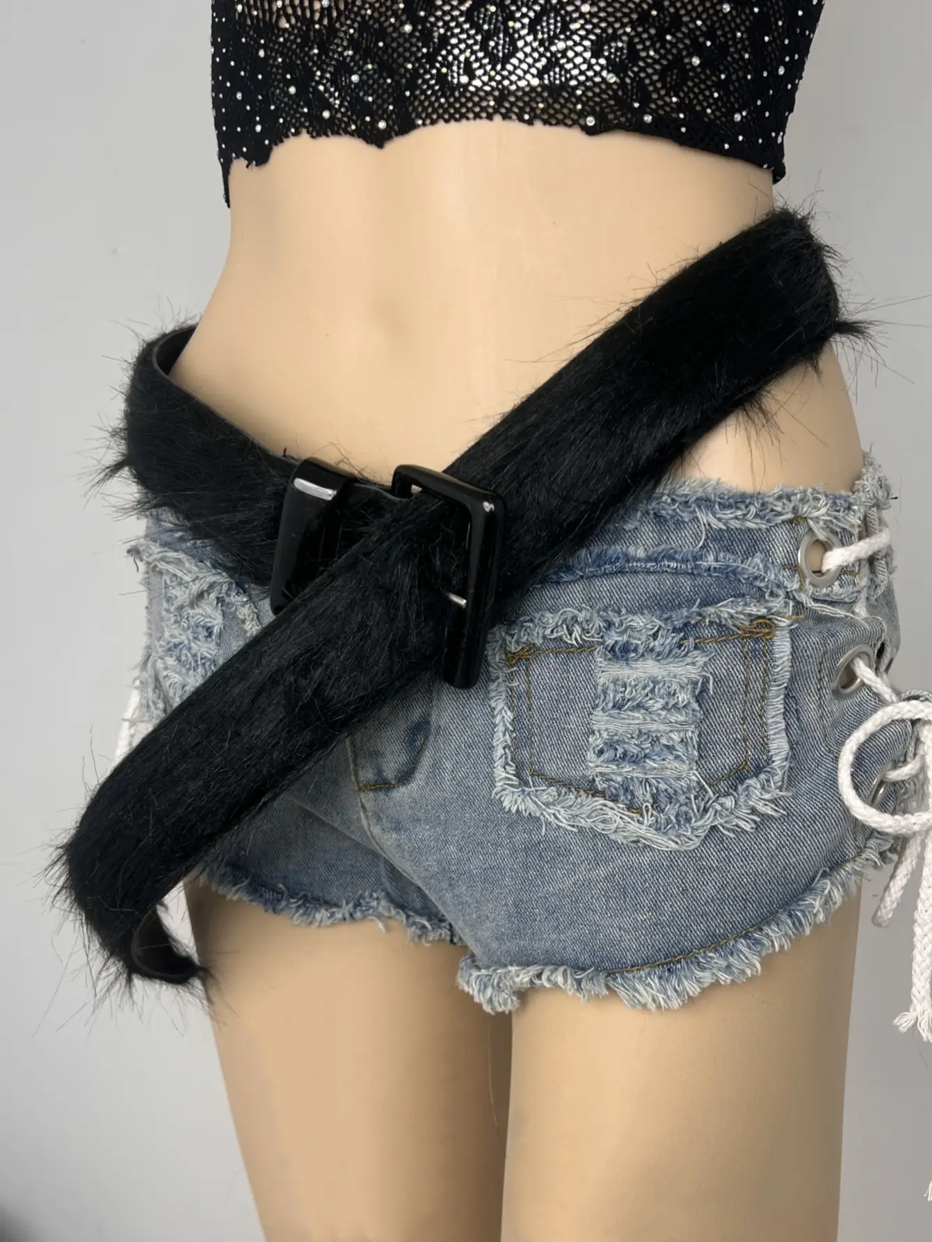 Fluffy Black Plush Belt for Women Shorts