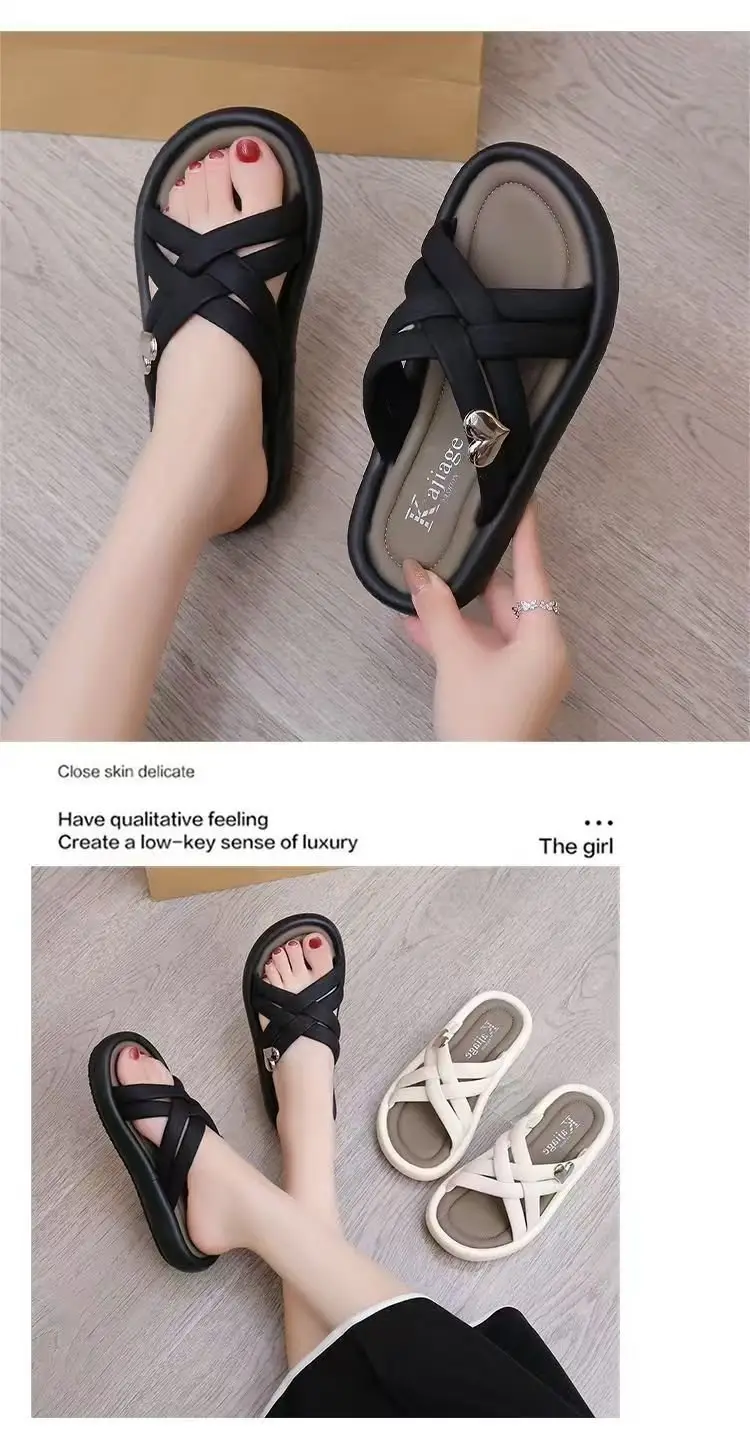 French high-end slippers for summer women's shoes for outdoor wear 2025 new flat soft bottom casual beach sandals for women — feature 2