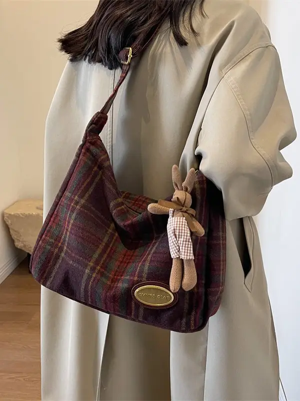 Retro Plaid Woolen Crossbody Bag for Women - Image 8