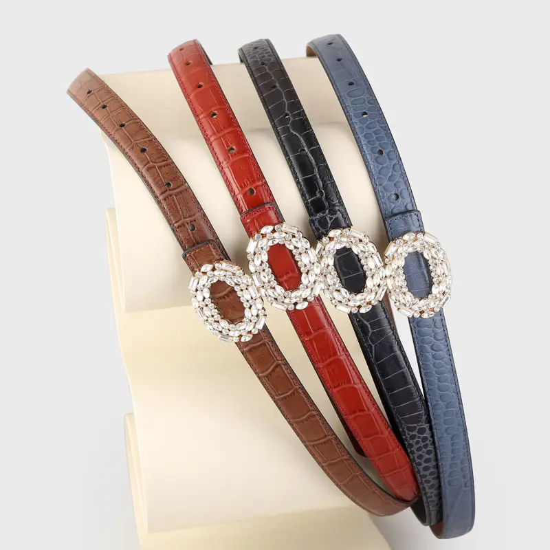 Women Croc Leather Belt with Pearl & Diamond Buckle Brown - Image 6