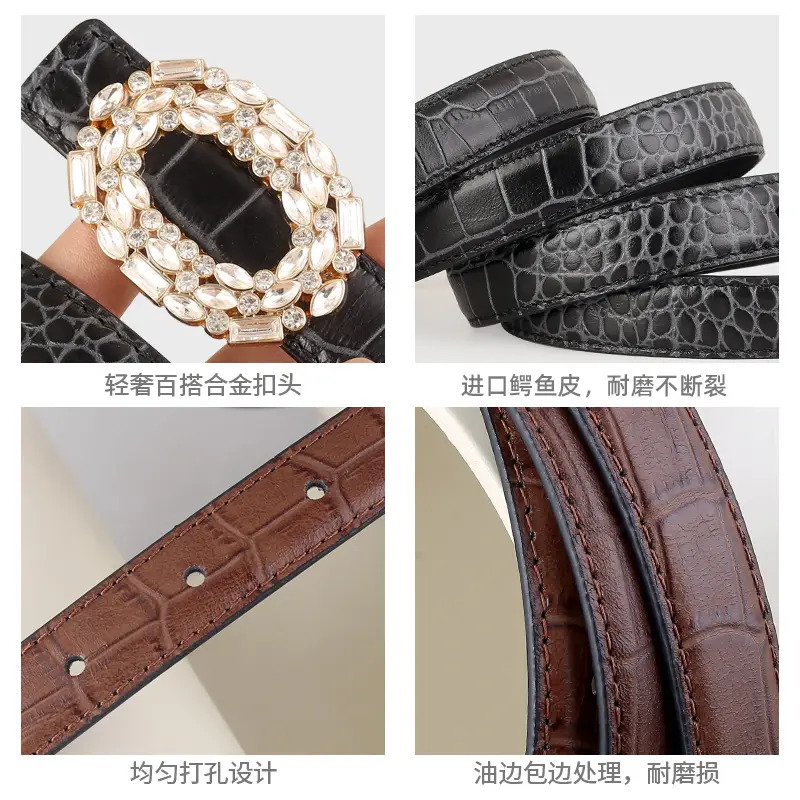 Women Croc Leather Belt with Pearl & Diamond Buckle Brown - Image 7