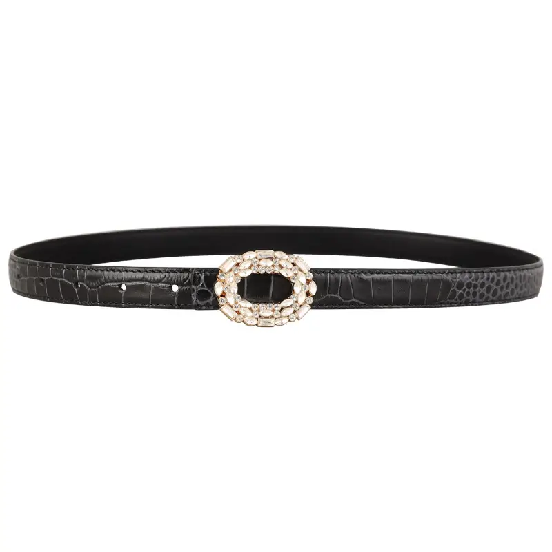 Women Croc Leather Belt with Pearl & Diamond Buckle Brown - Image 9