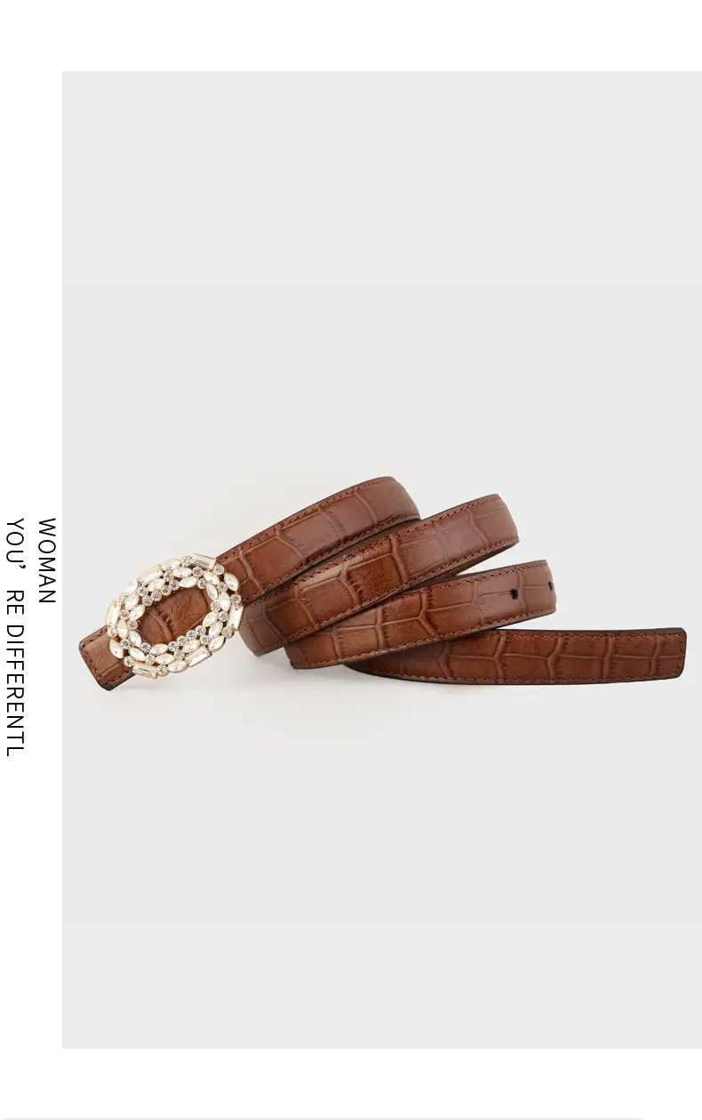 Women Croc Leather Belt with Pearl & Diamond Buckle Brown — feature 12