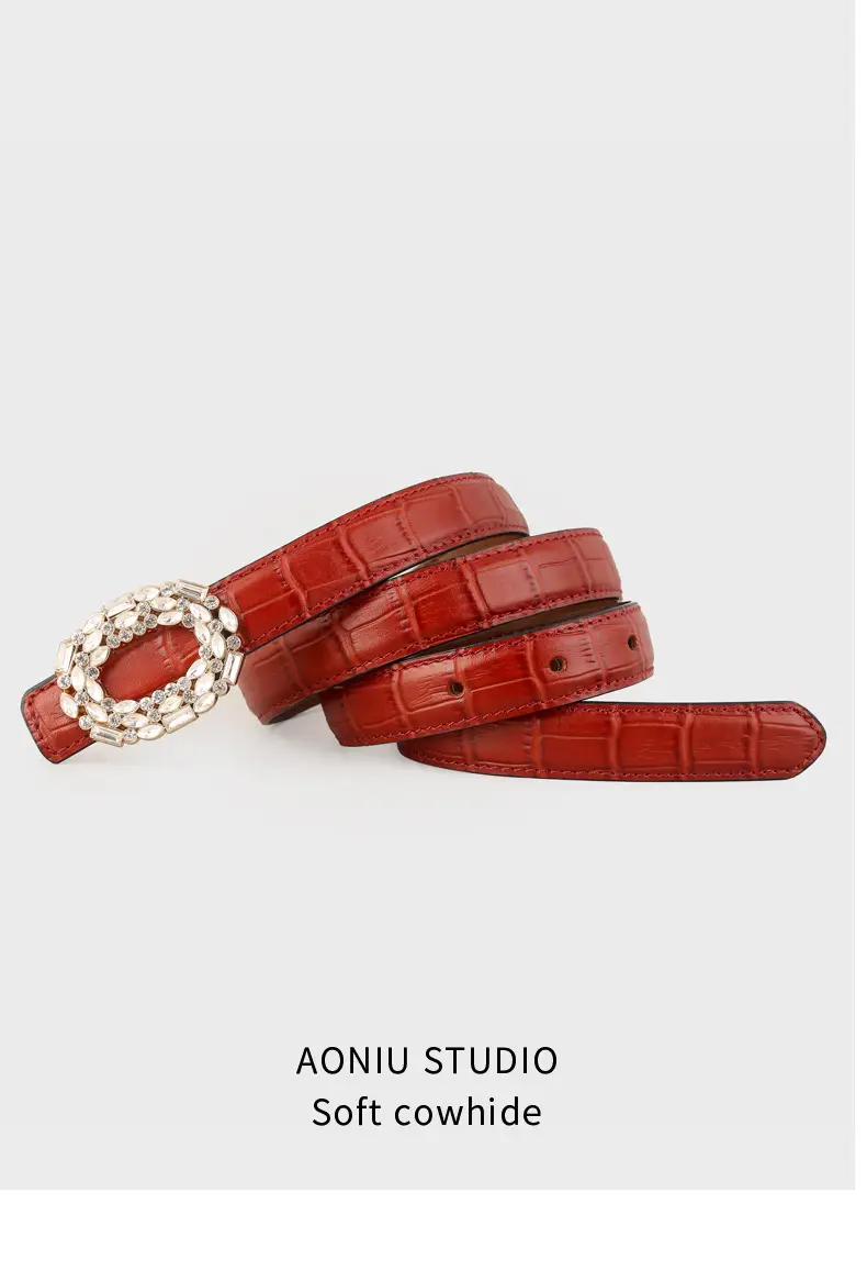 Women Croc Leather Belt with Pearl & Diamond Buckle Brown — feature 14