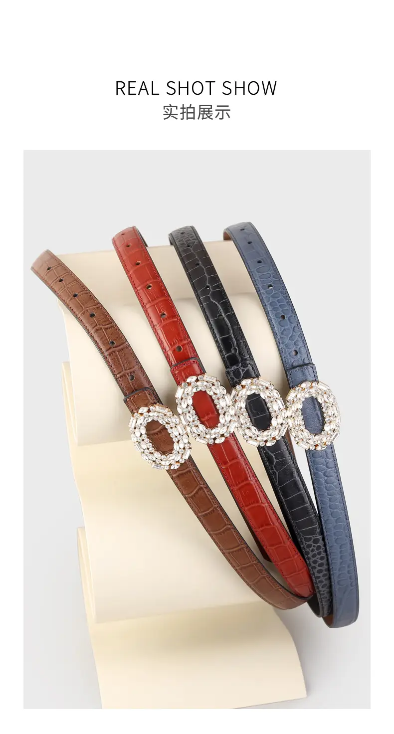 Women Croc Leather Belt with Pearl & Diamond Buckle Brown — feature 15