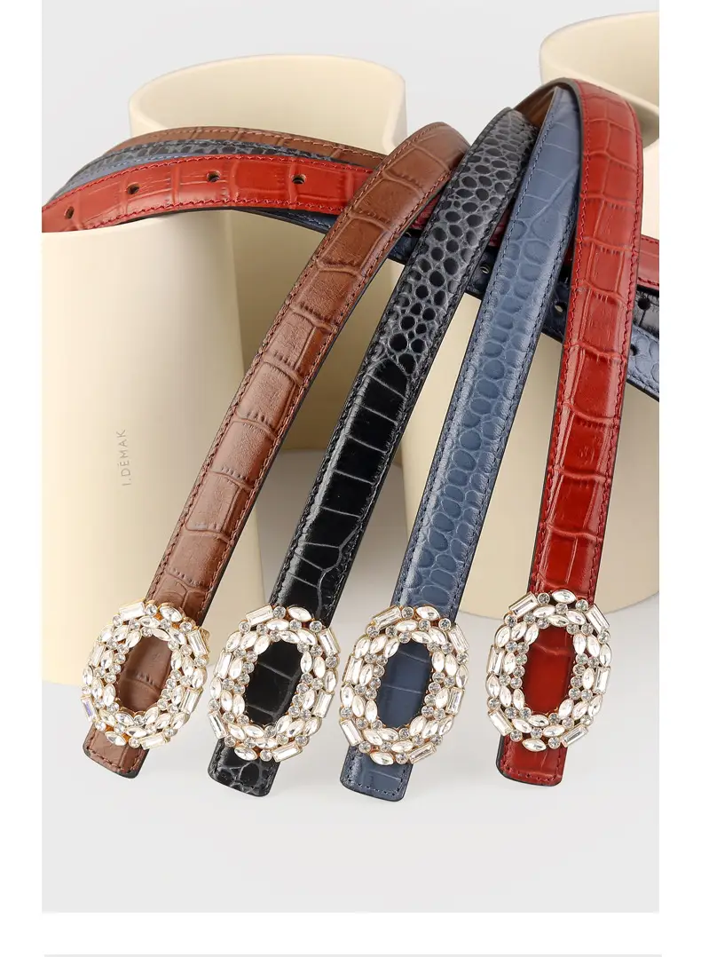 Women Croc Leather Belt with Pearl & Diamond Buckle Brown — feature 16