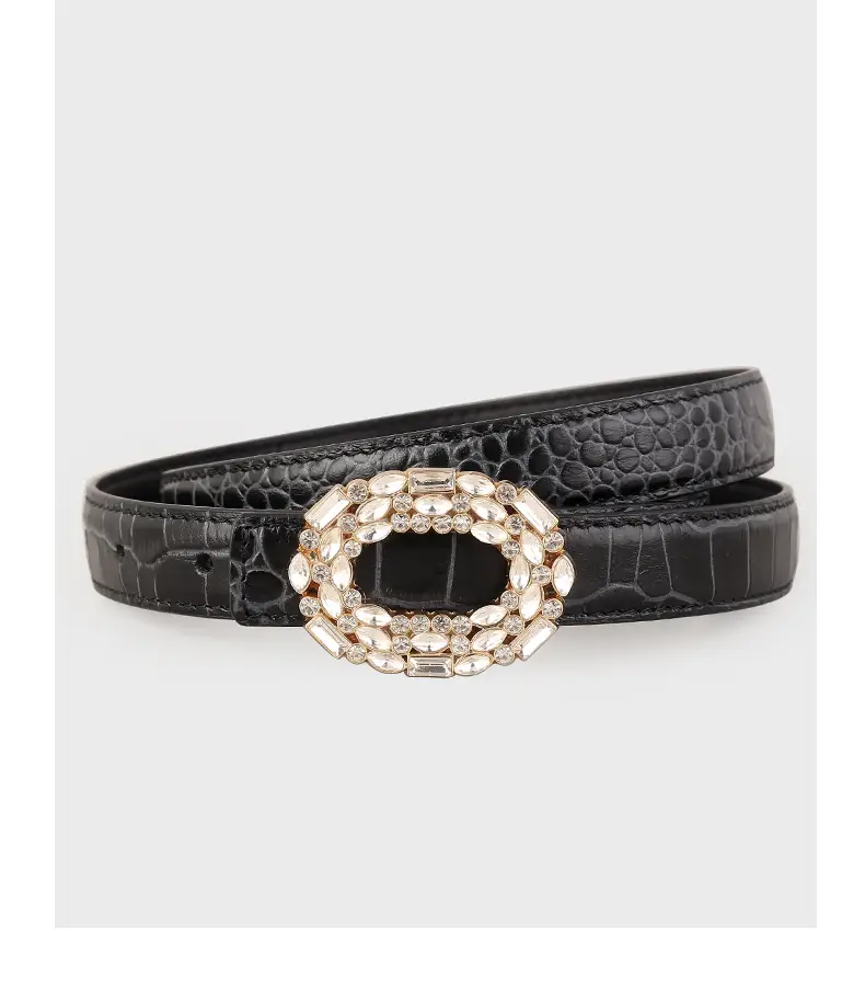 Women Croc Leather Belt with Pearl & Diamond Buckle Brown — feature 17