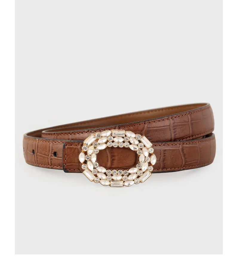 Women Croc Leather Belt with Pearl & Diamond Buckle Brown — feature 18