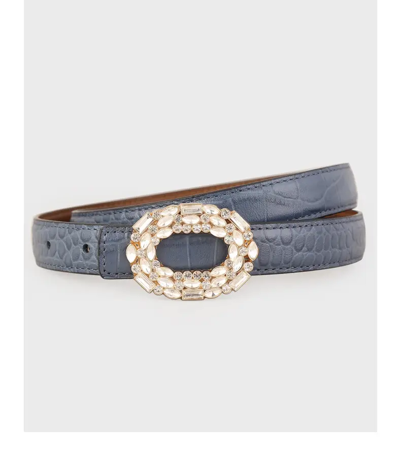 Women Croc Leather Belt with Pearl & Diamond Buckle Brown — feature 19
