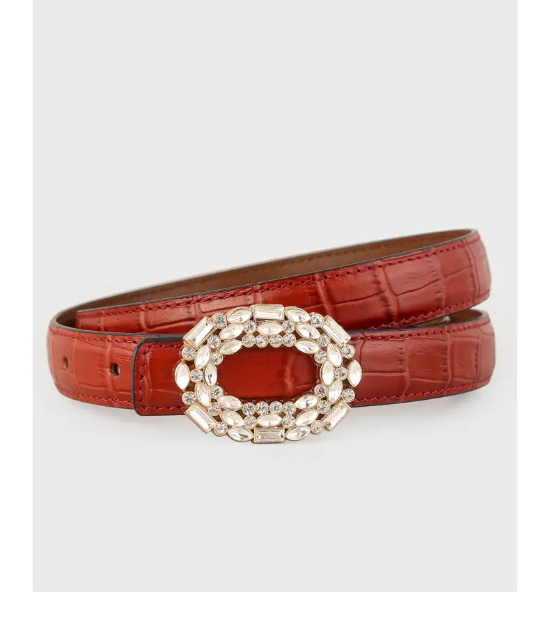 Women Croc Leather Belt with Pearl & Diamond Buckle Brown — feature 20