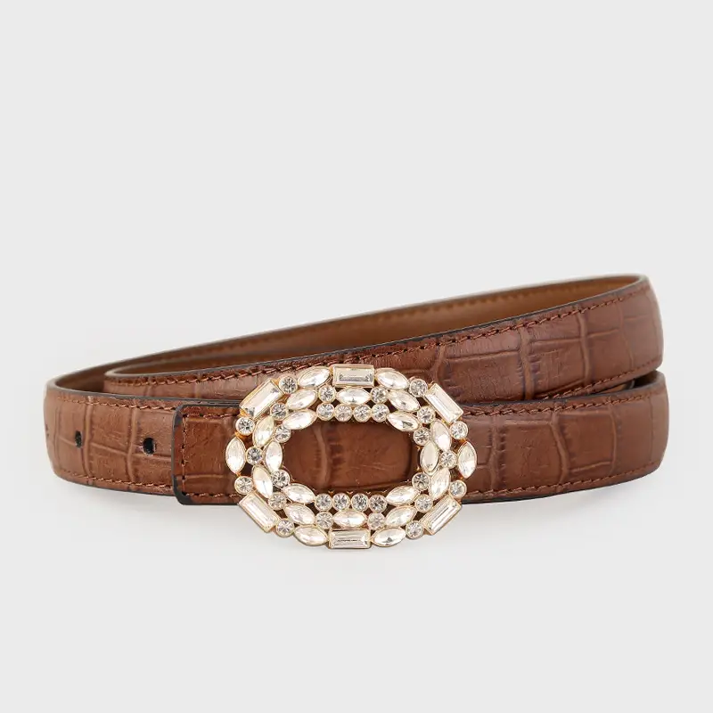 Women Croc Leather Belt with Pearl & Diamond Buckle Brown - Image 2