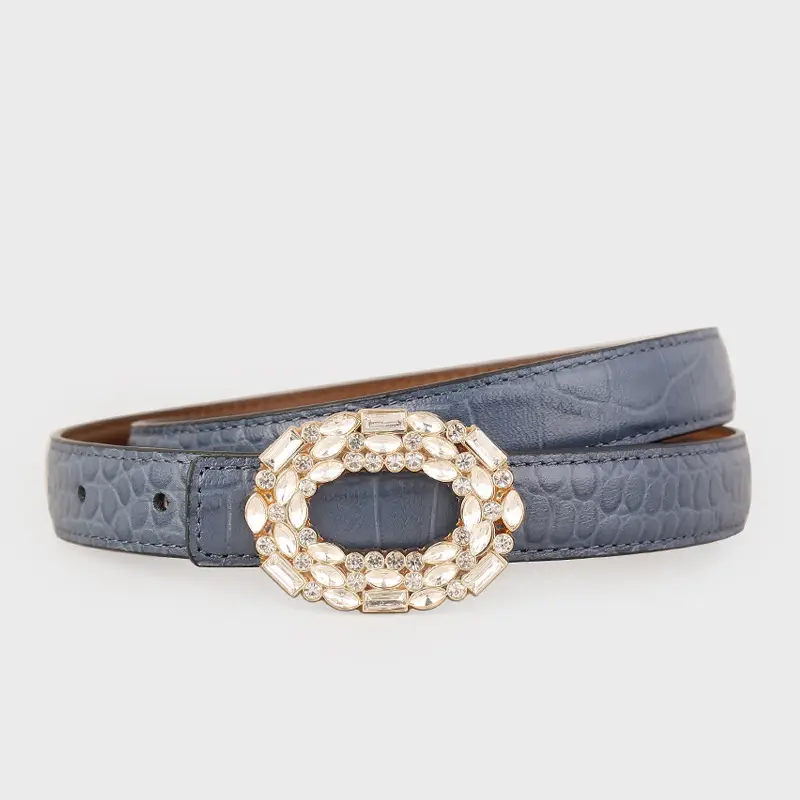 Women Croc Leather Belt with Pearl & Diamond Buckle Brown - Image 3