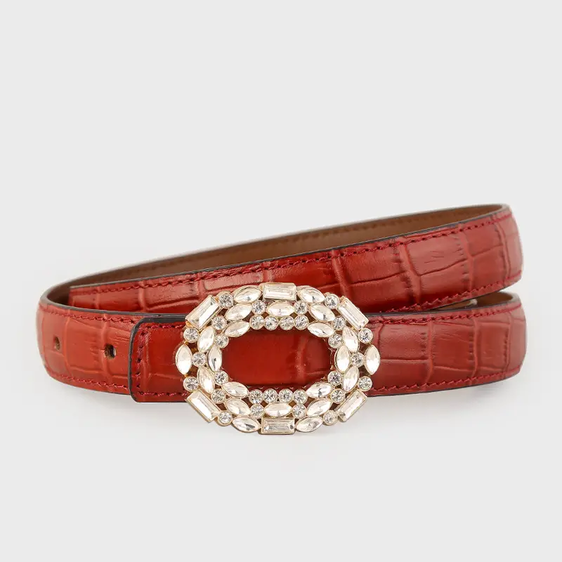 Women Croc Leather Belt with Pearl & Diamond Buckle Brown - Image 4
