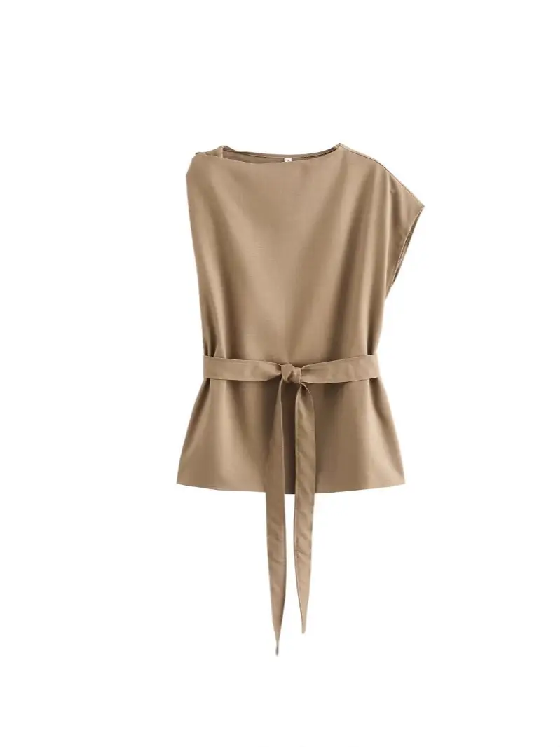 Cross-border 2025 Belt Top & Capri Pants Set Tan - Image 4